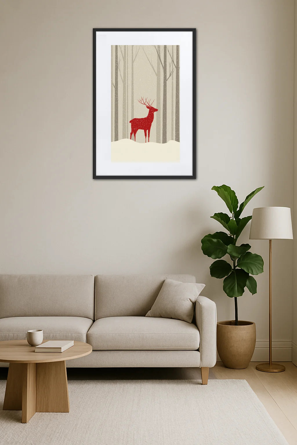 Tableau cerf Noël dans un salon minimaliste