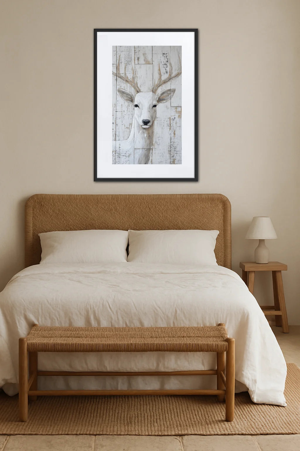 Tableau cerf blanc au-dessus d’un lit en rotin