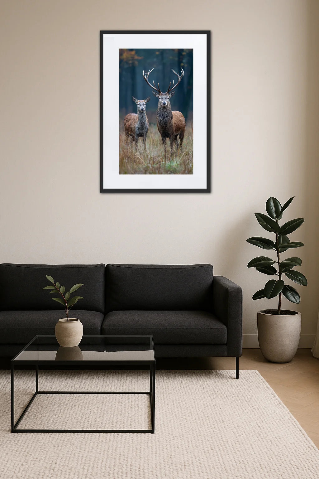 Tableau cerf et biche dans un salon moderne