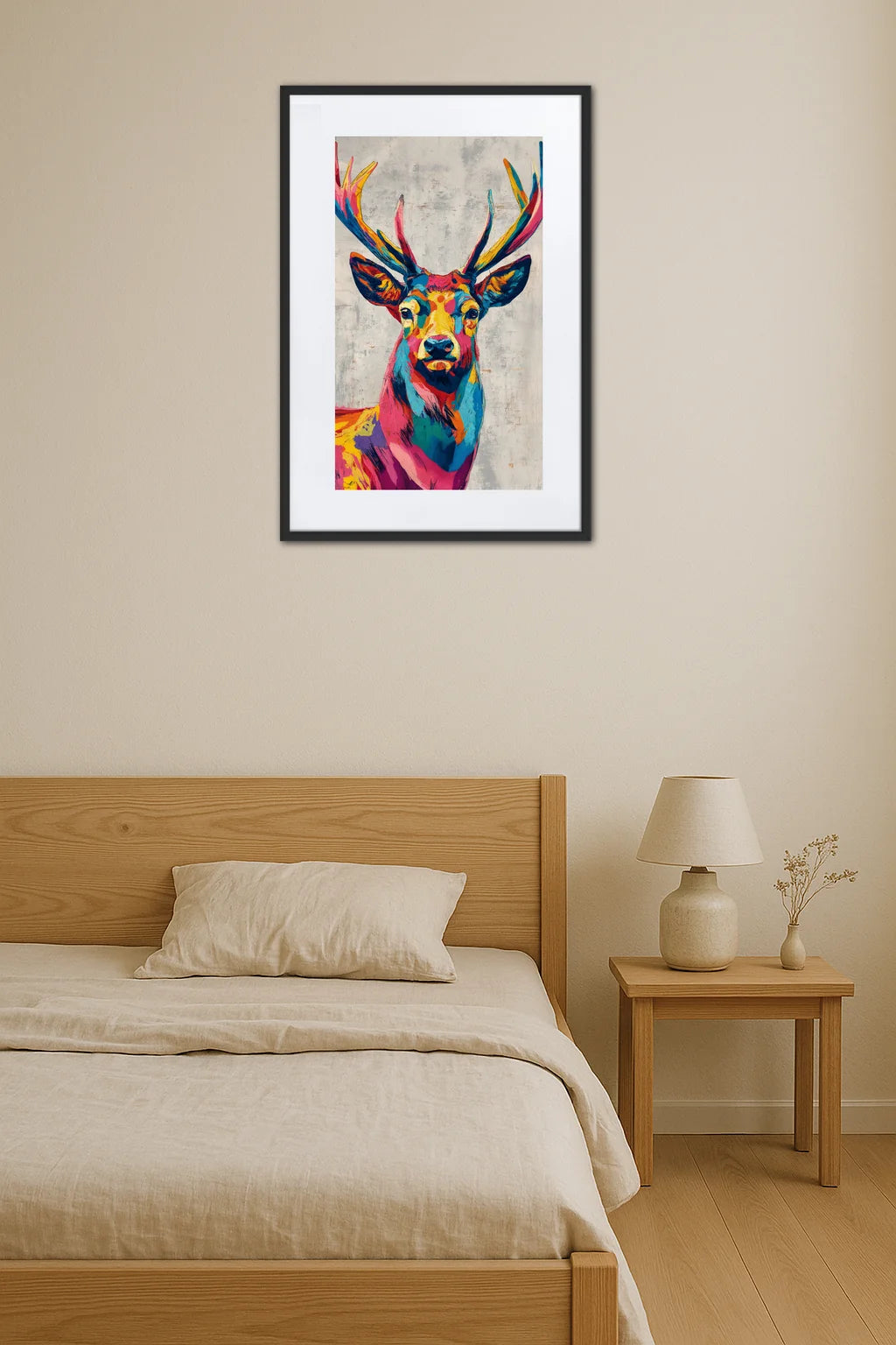 tableau cerf multicolore style pop art dans une chambre minimaliste