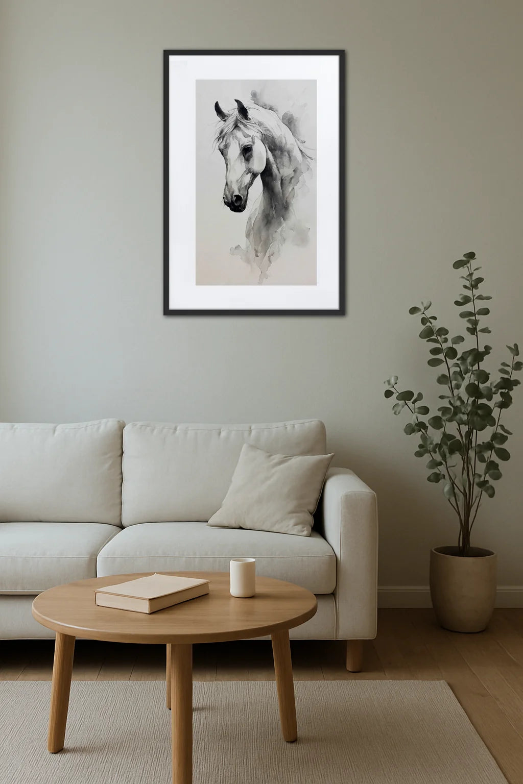 Tableau cheval en aquarelle noir et blanc au-dessus d’un canapé avec table basse en bois et plante verte