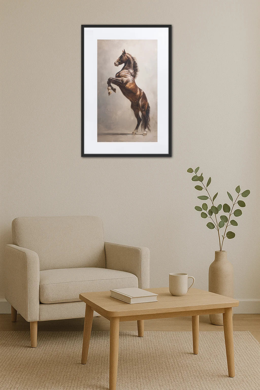 tableau cheval cabré accroché au mur dans un salon minimaliste avec fauteuil