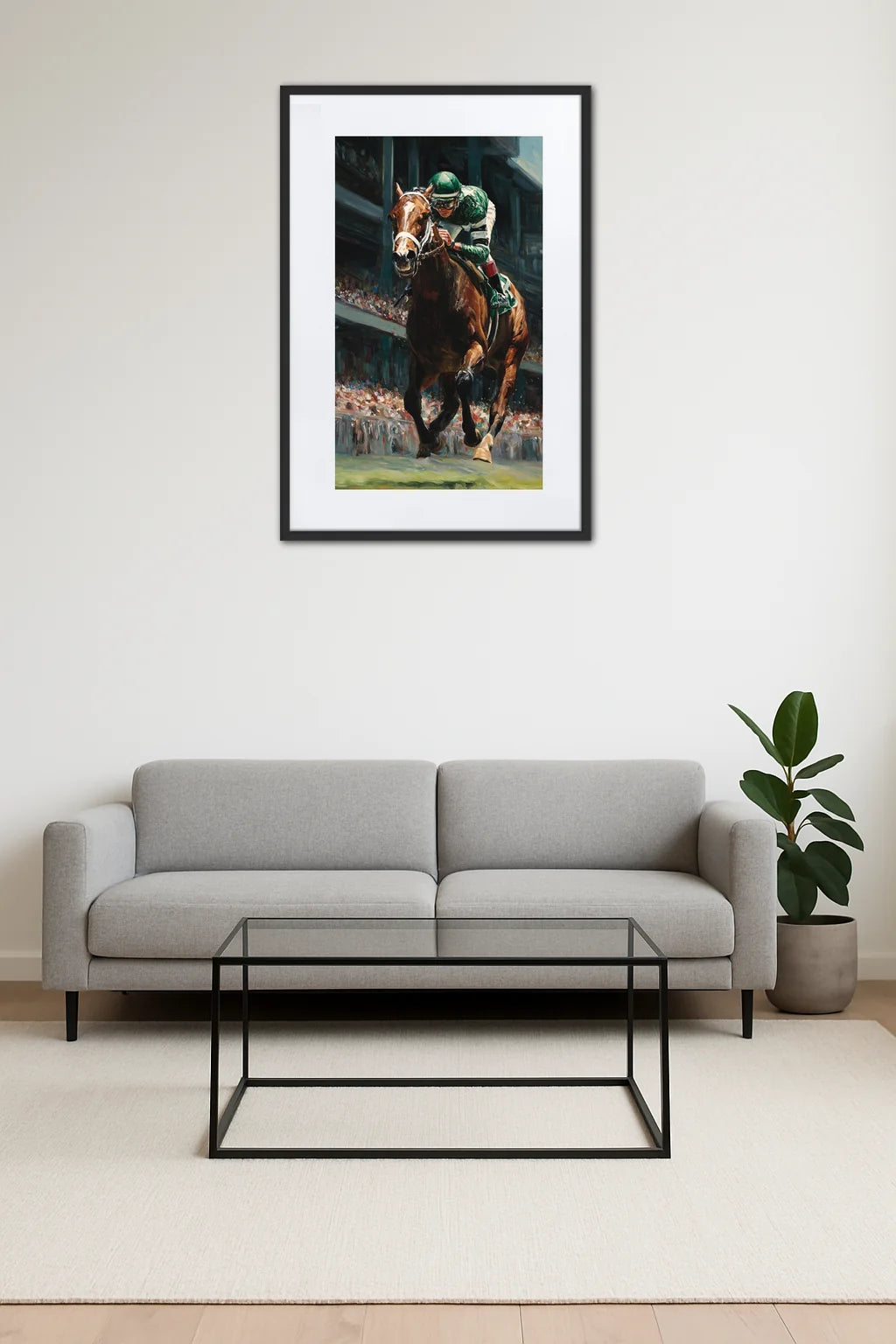 tableau cheval de course avec jockey accroché au mur au-dessus d’un canapé moderne