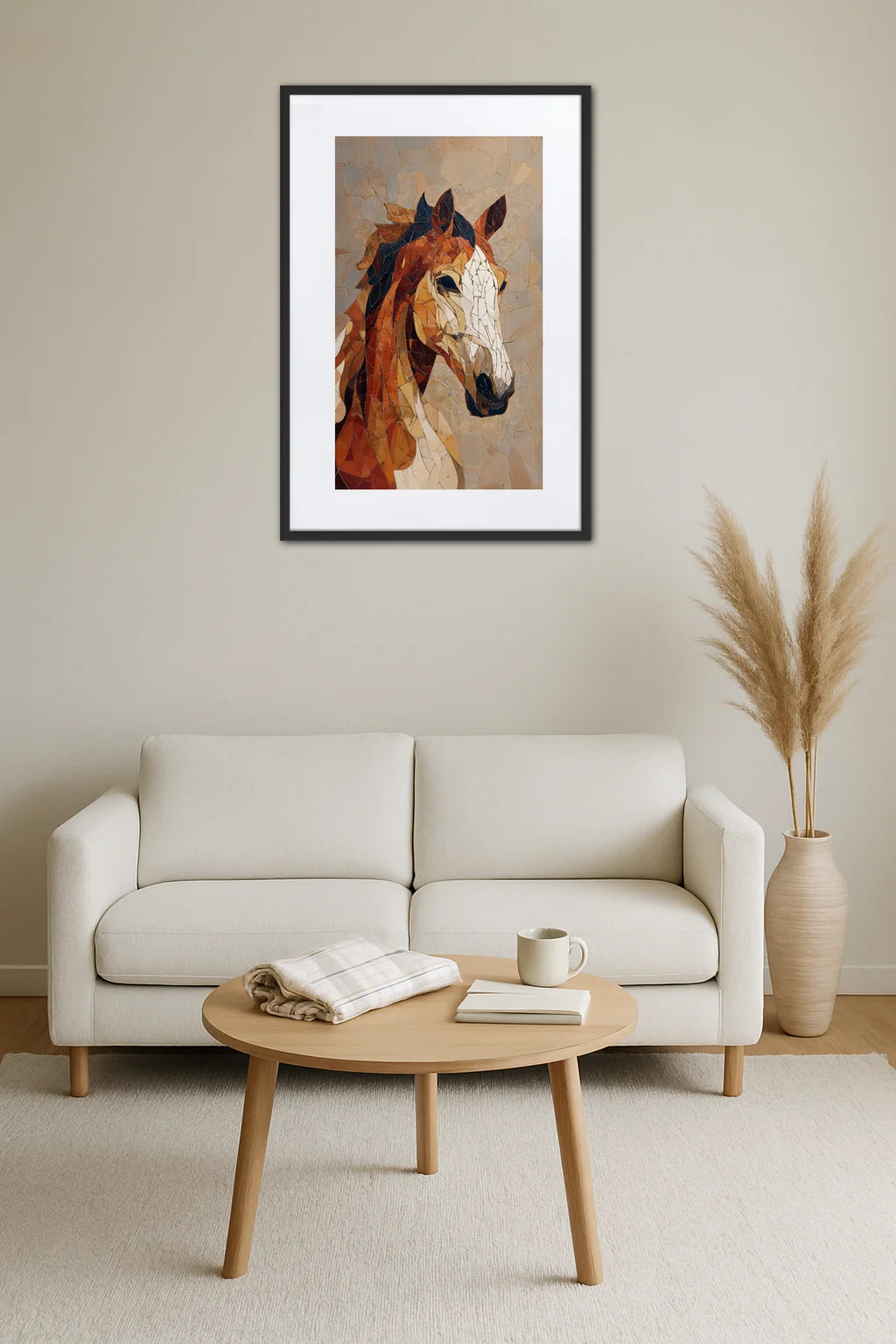 Tableau cheval style mosaïque aux couleurs chaudes au-dessus d’un canapé avec table basse ronde en bois et vase décoratif