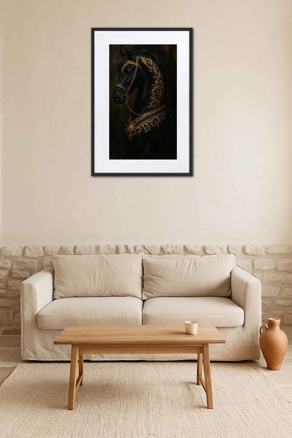 tableau cheval noir et or dans un intérieur chic avec fauteuil et décoration haut de gamme