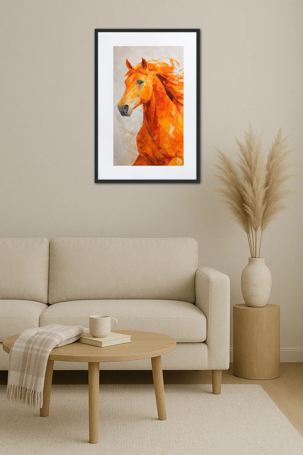 tableau cheval orange accroché au mur dans un salon minimaliste avec canapé beige