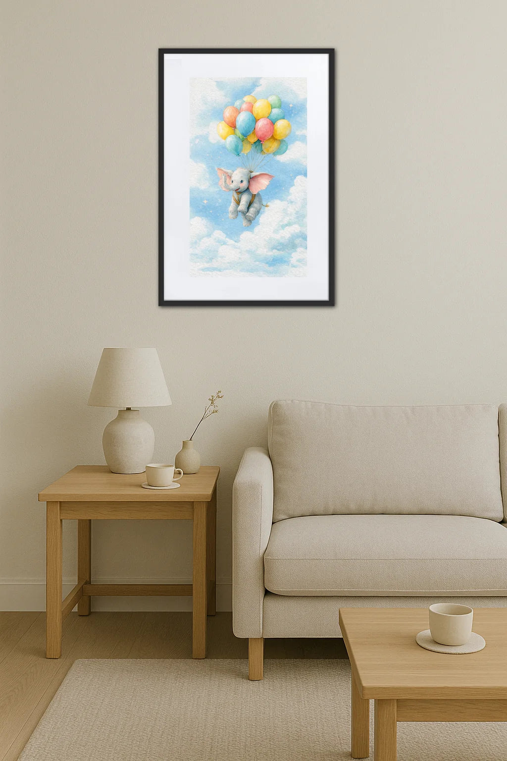 Tableau éléphant avec ballons colorés accroché au mur dans un salon