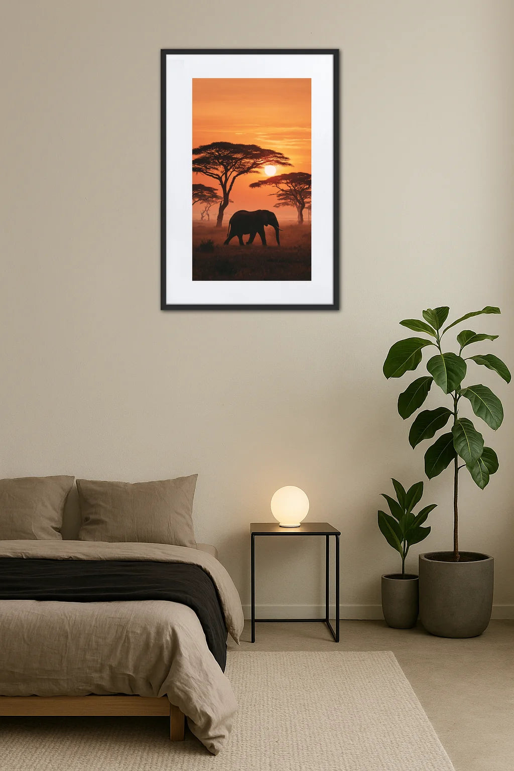 Tableau Éléphant Coucher de Soleil