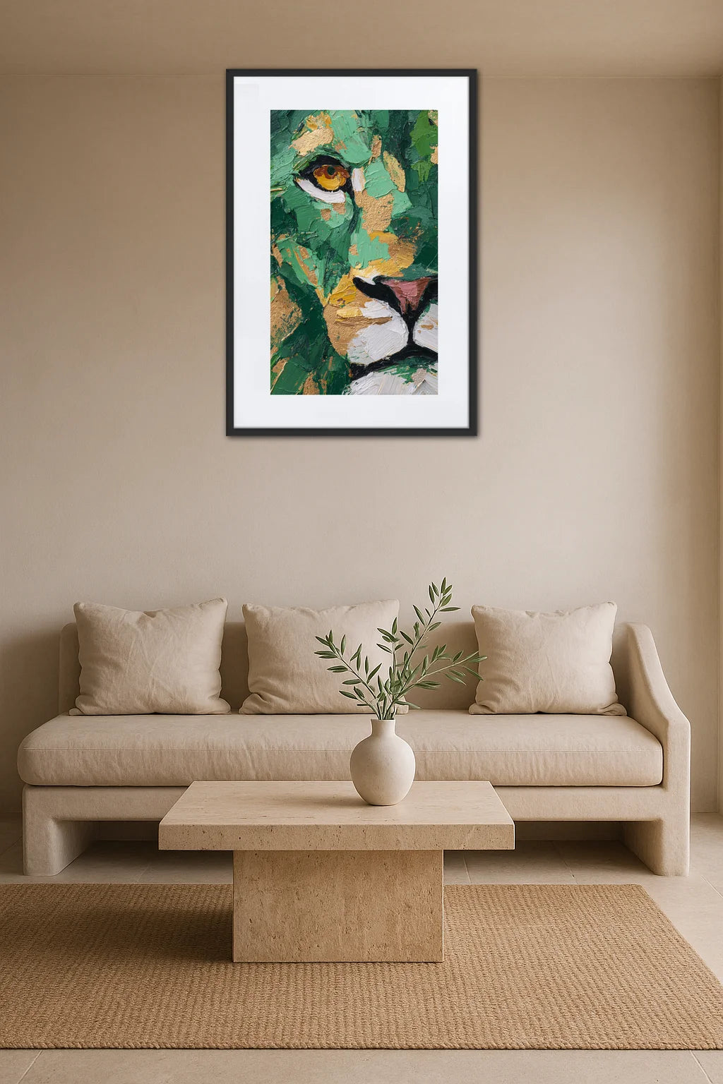 Tableau lion abstrait acrylique accroché au-dessus d’un canapé beige avec table basse et vase au centre