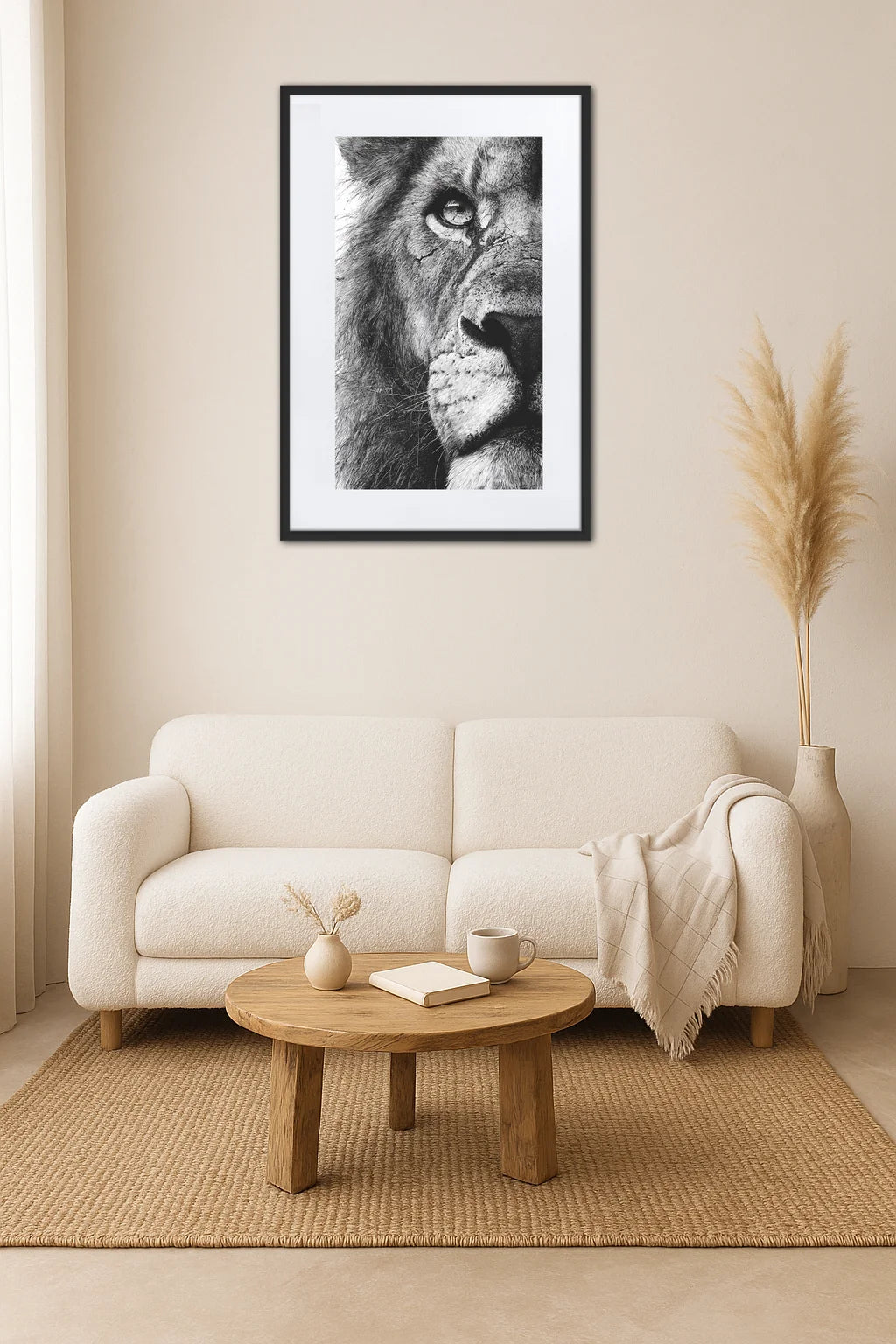 Tableau lion noir et blanc encre de Chine dans un salon