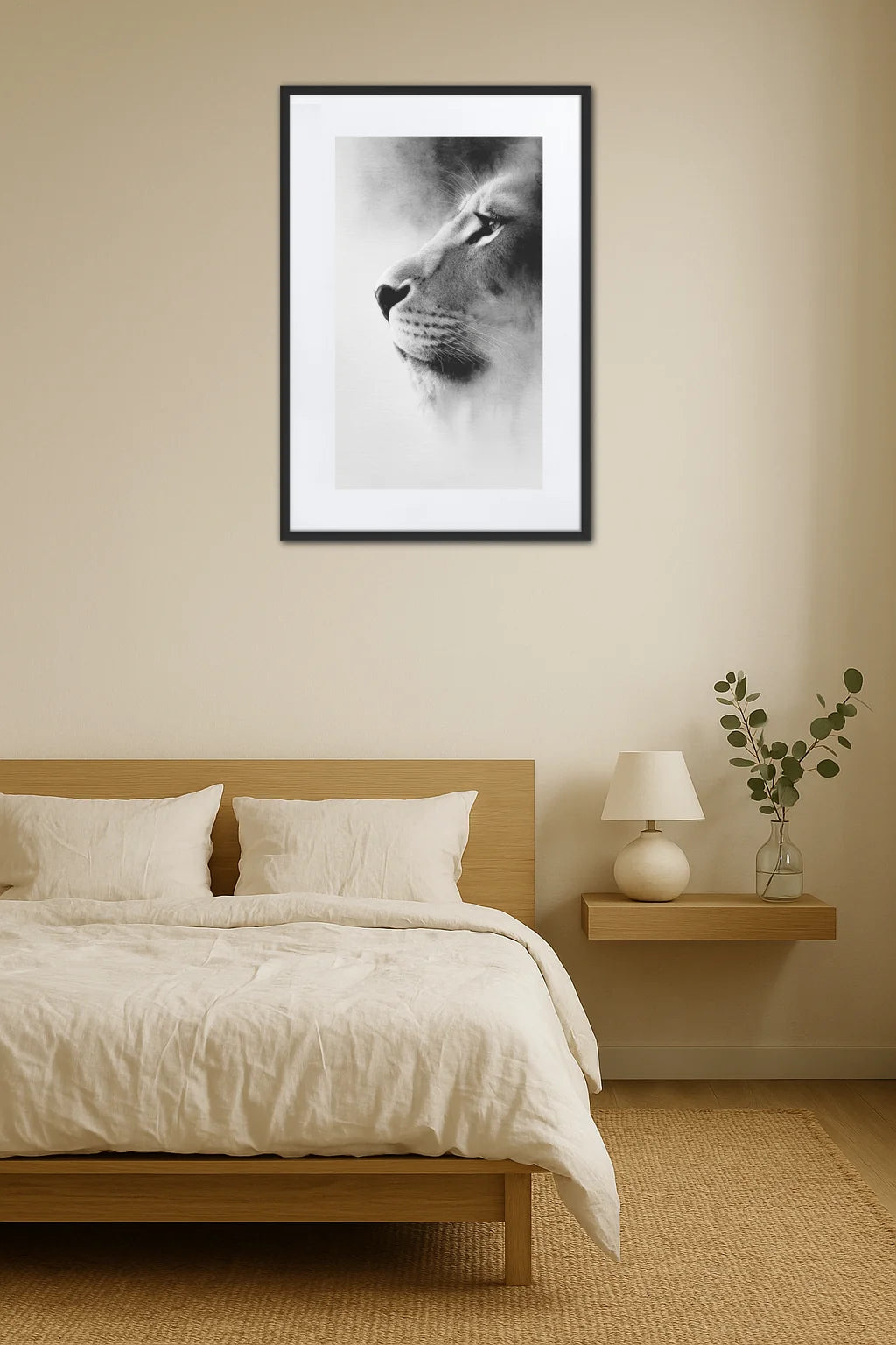 Tableau lion noir et blanc lavis au-dessus d’un lit dans une chambre