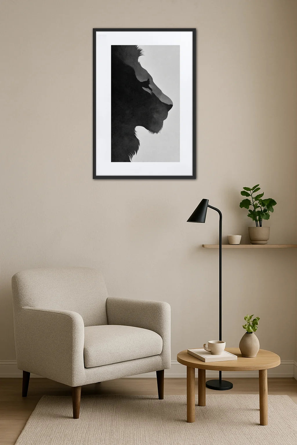 Tableau lion noir et blanc silhouette au-dessus d’un fauteuil dans un salon minimaliste