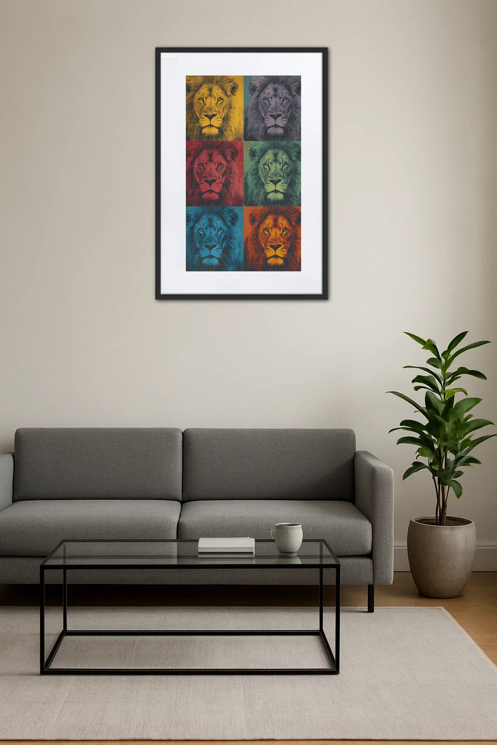 Tableau lion pop art répétition colorée dans un salon avec fauteuil