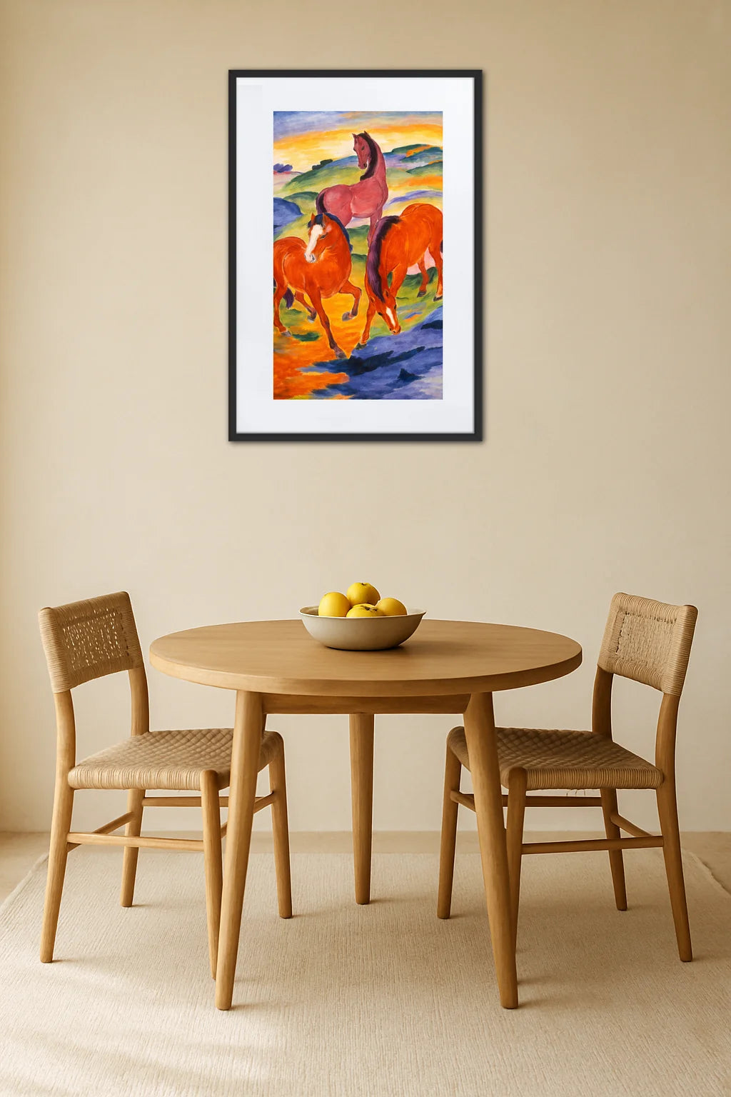 tableau rouge avec chevaux accroché au mur au-dessus d’une table à manger