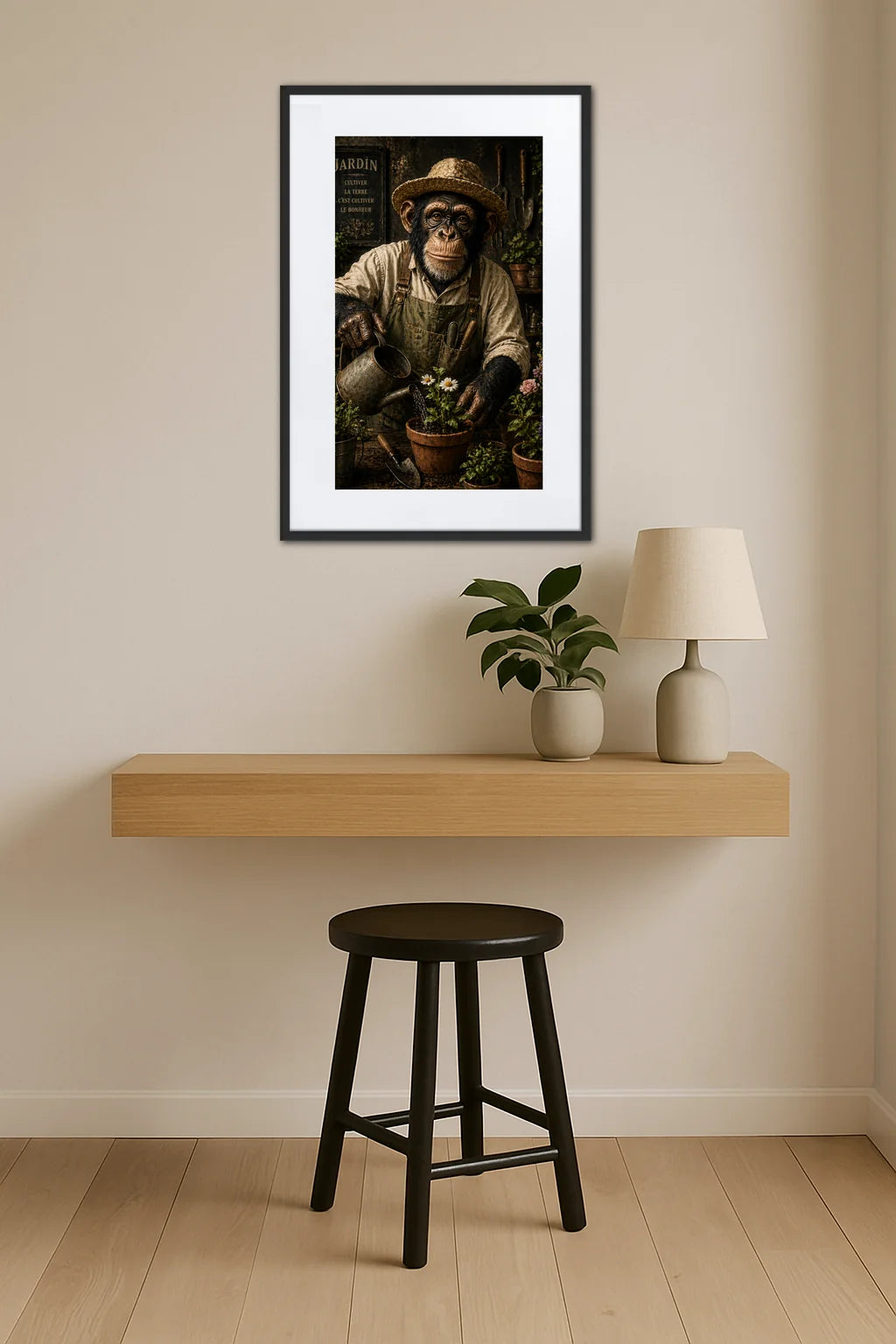 tableau singe jardinier arrosant des fleurs avec arrosoir au dessus d’une étagère en bois avec plante et lampe