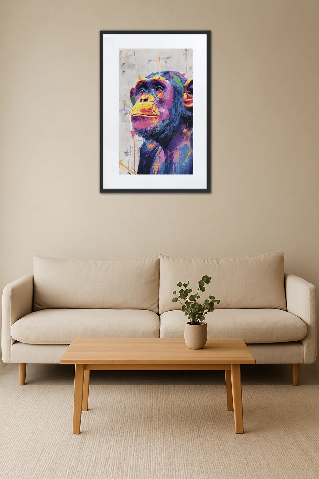 tableau singe pop art graffiti au dessus d’un canapé avec table basse en bois