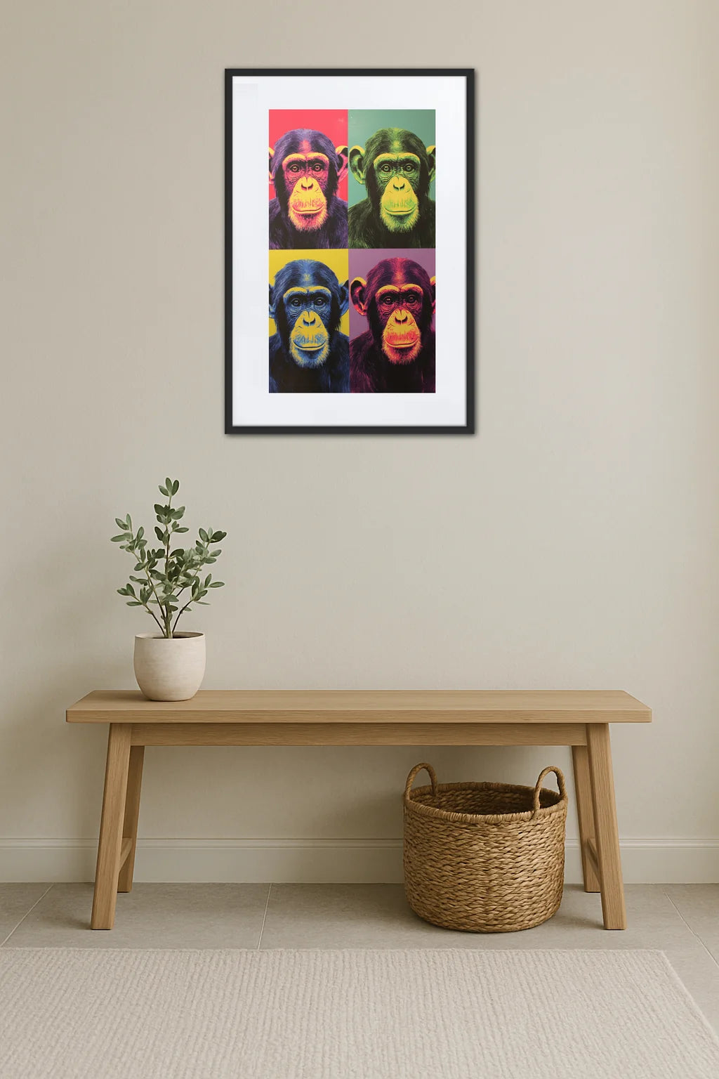 tableau singe pop art repetition au dessus d’un banc avec plante