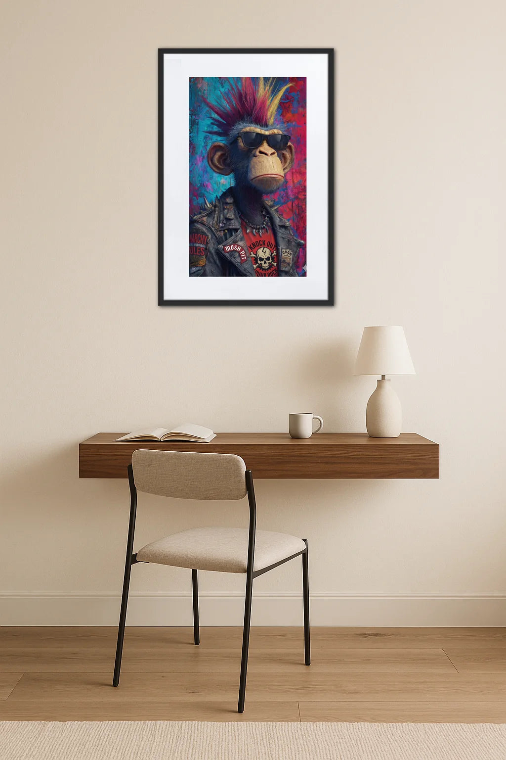tableau singe punk avec crête colorée et lunettes au dessus d’un bureau en bois avec chaise et lampe