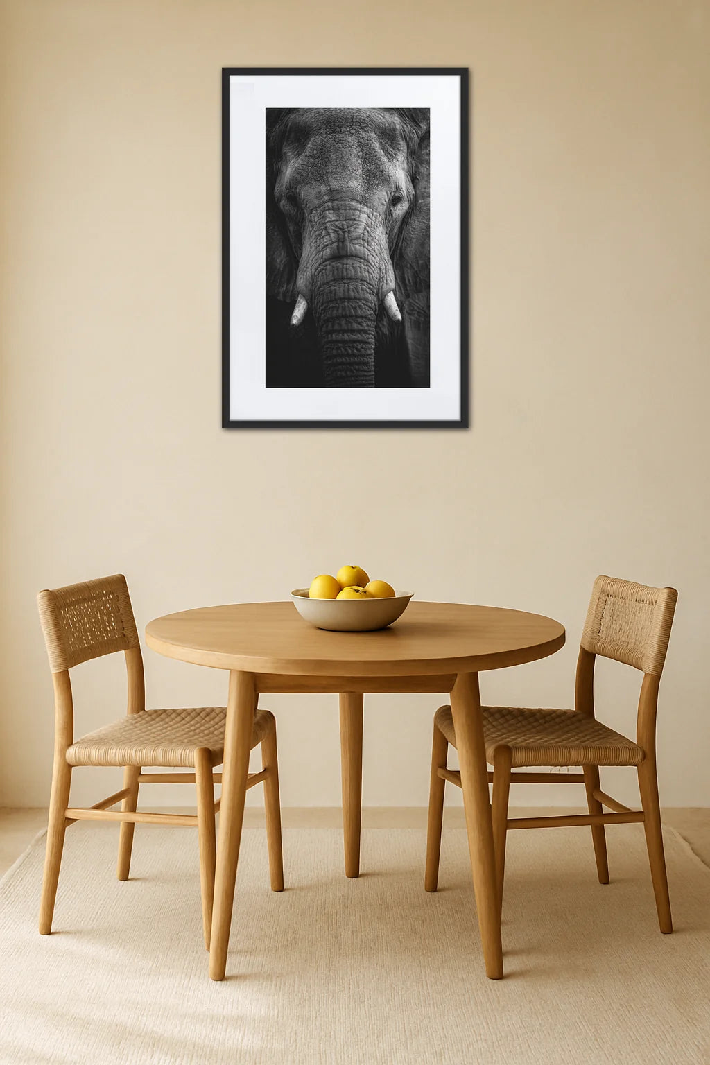 Tableau tête d’éléphant noir et blanc au mur dans une salle à manger avec table ronde en bois