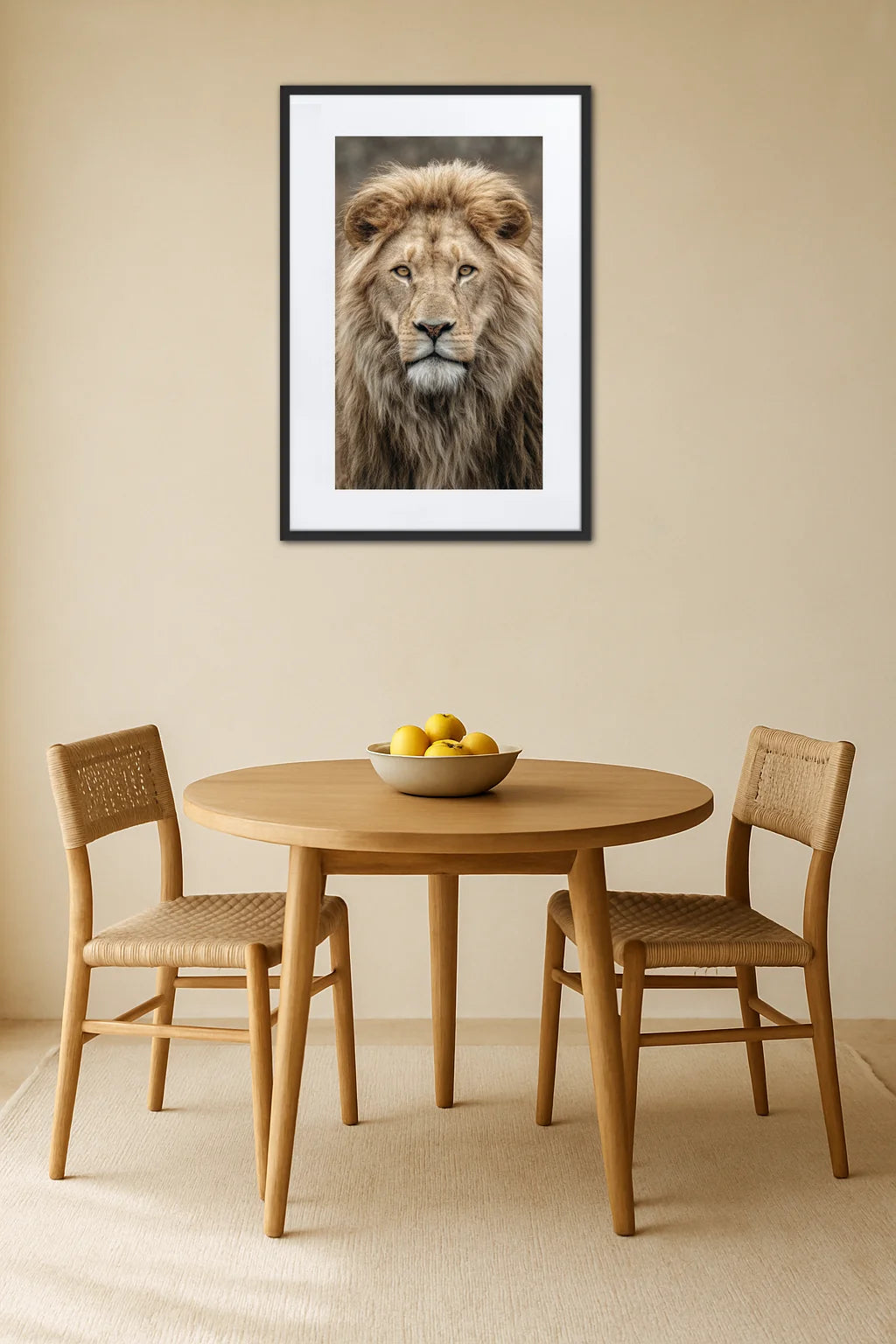 tableau tete de lion au mur dans une salle à manger avec table ronde en bois et chaises naturelles