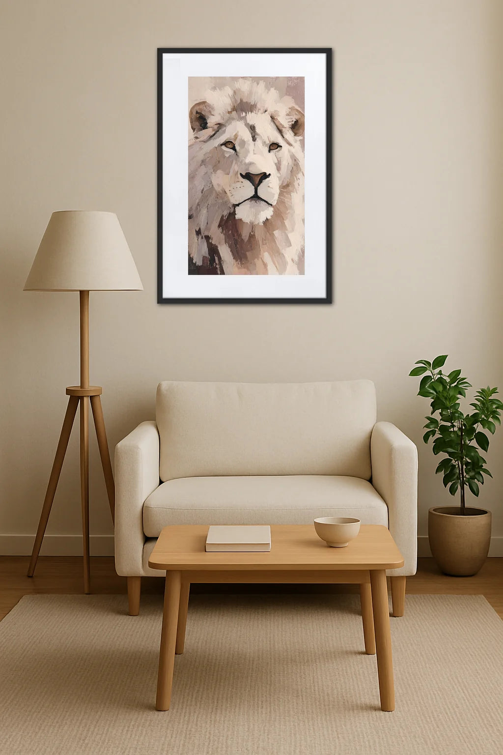 Affiche lion beige dans une décoration scandinave avec fauteuil en bois, lampe et plante