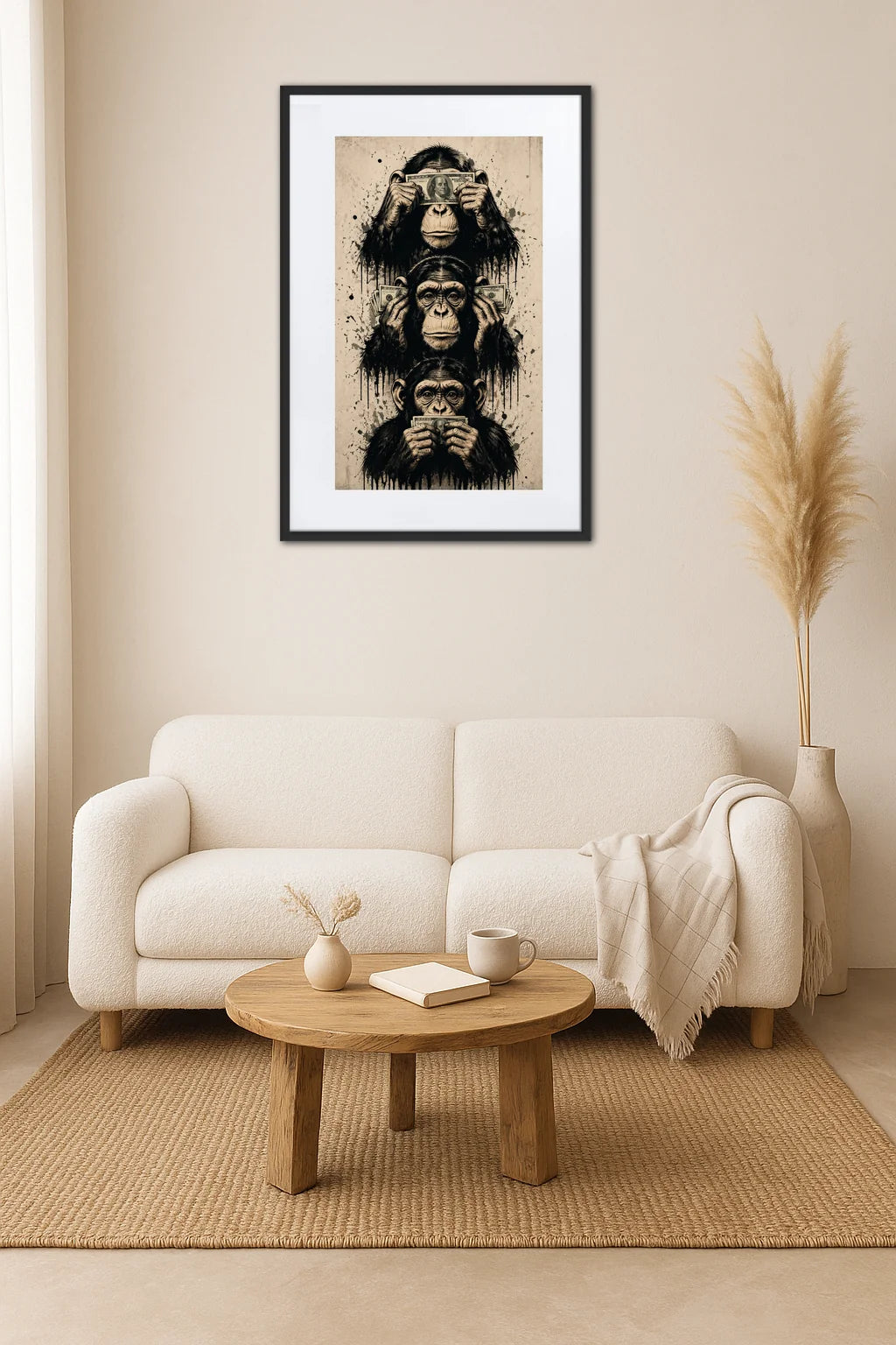 Tableau 3 singes capitalisme style noir et beige au-dessus d’un canapé avec table ronde en bois