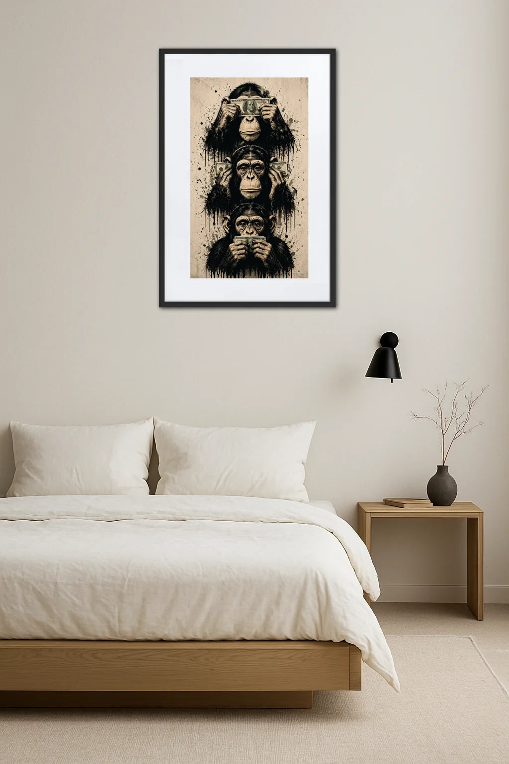Tableau 3 singes capitalisme design moderne au-dessus d’un lit avec table de chevet dans une chambre minimaliste