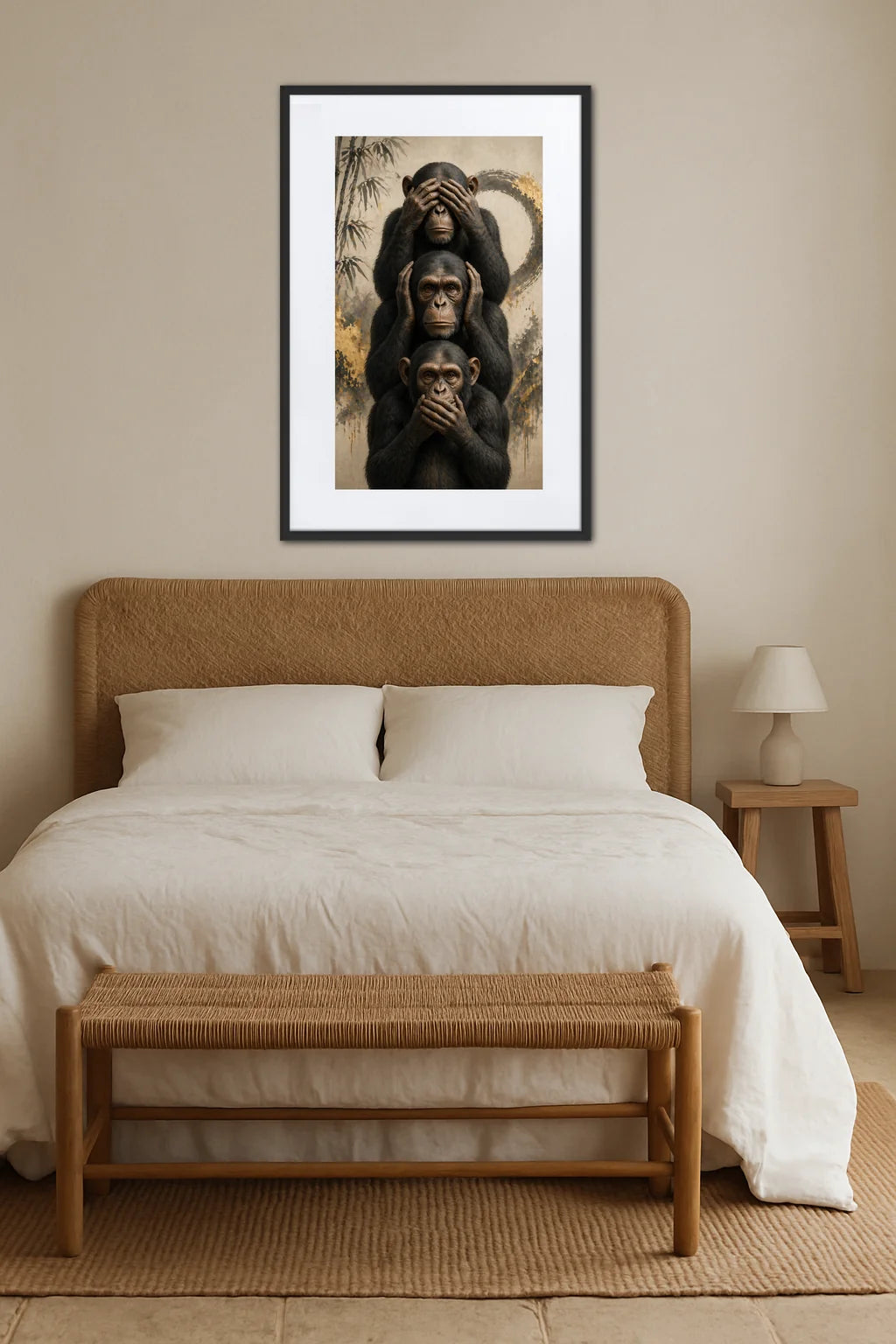 Tableau 3 singes de la sagesse au-dessus d’un canapé beige avec table basse en bois et plante dans un salon minimaliste