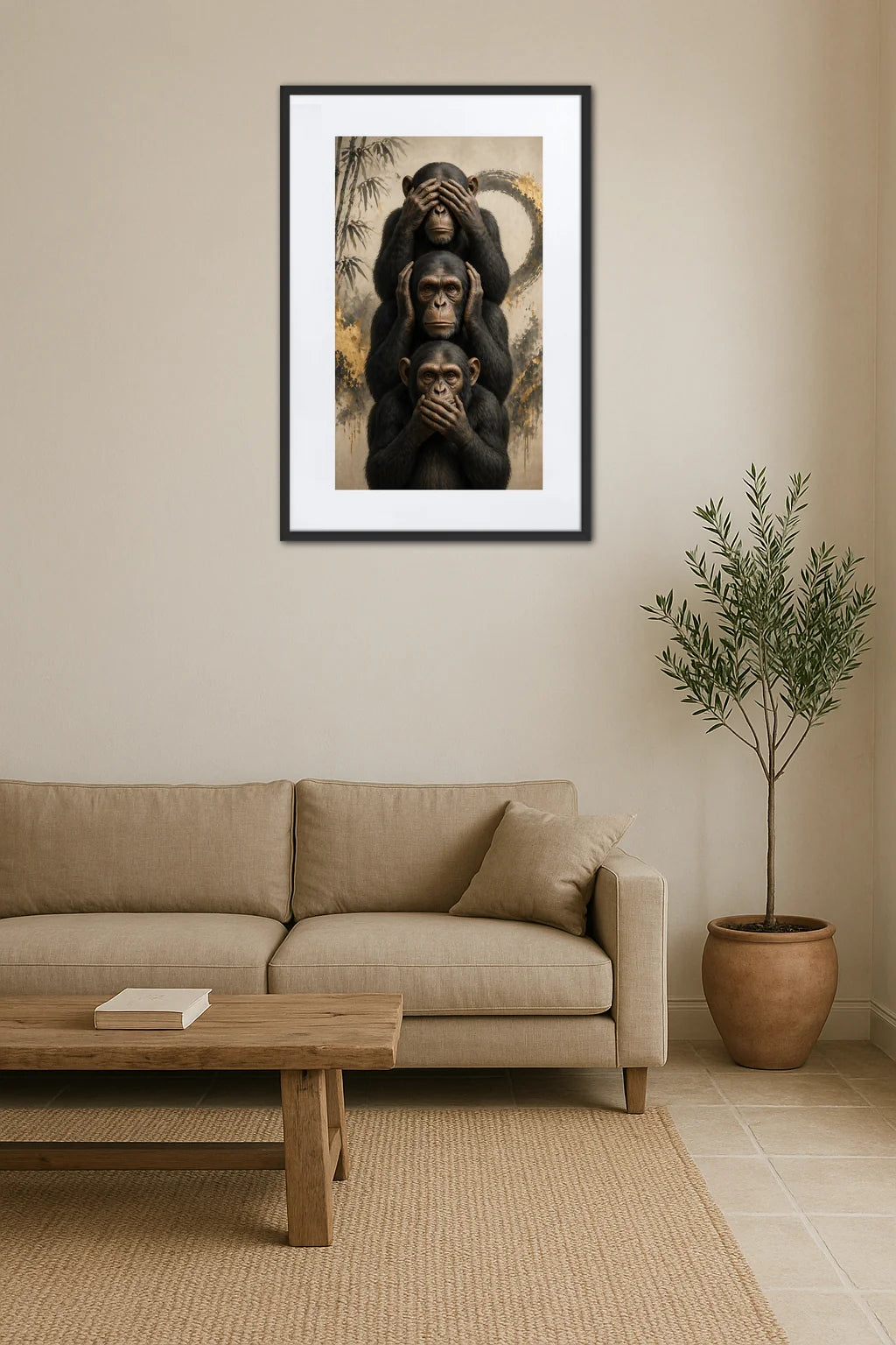 Tableau 3 singes de la sagesse au-dessus d’un lit avec tête de lit en bois dans une chambre épurée