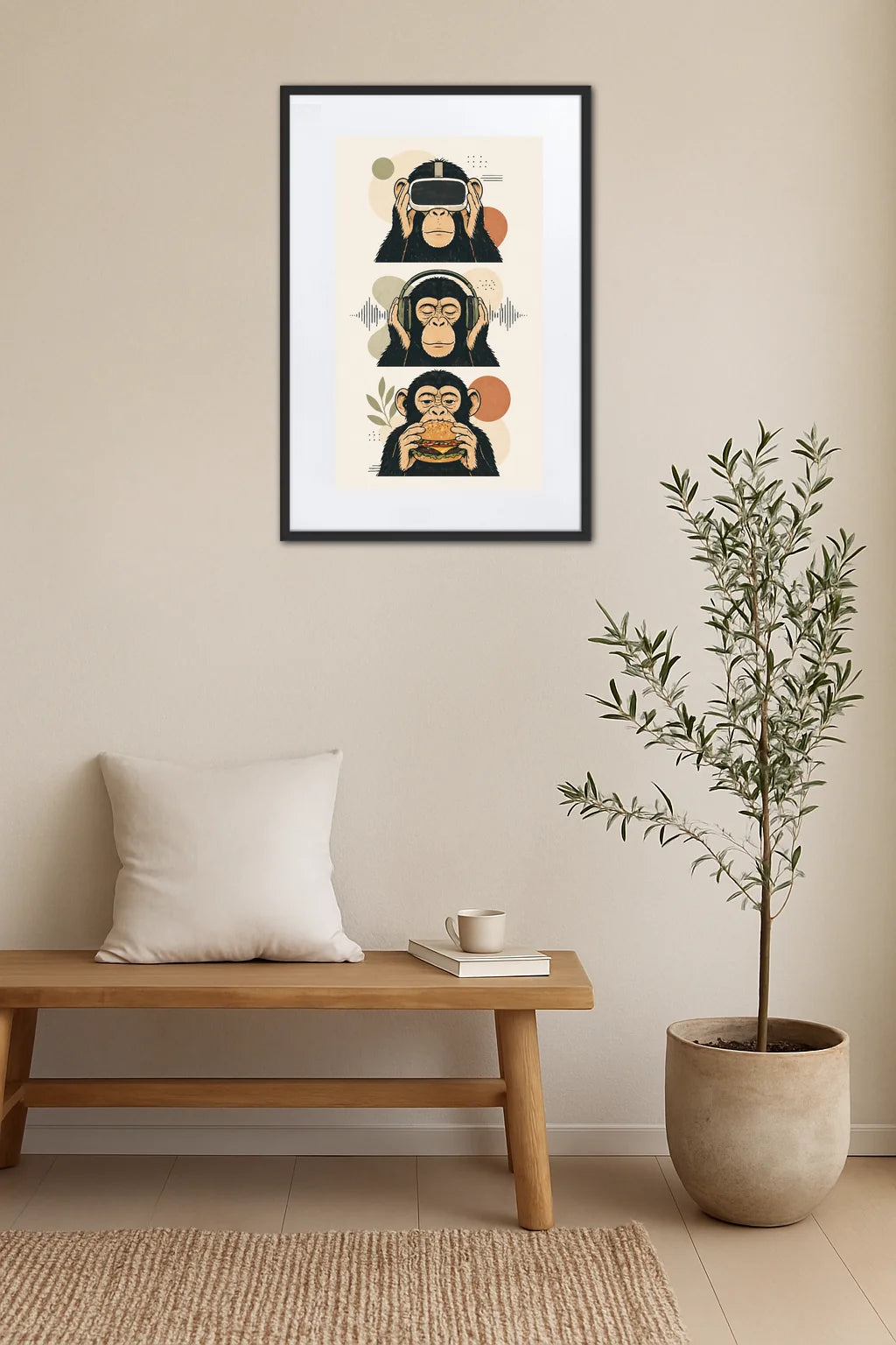 Tableau 3 singes dopamine style moderne avec casque et nourriture au-dessus d’un banc en bois avec plante