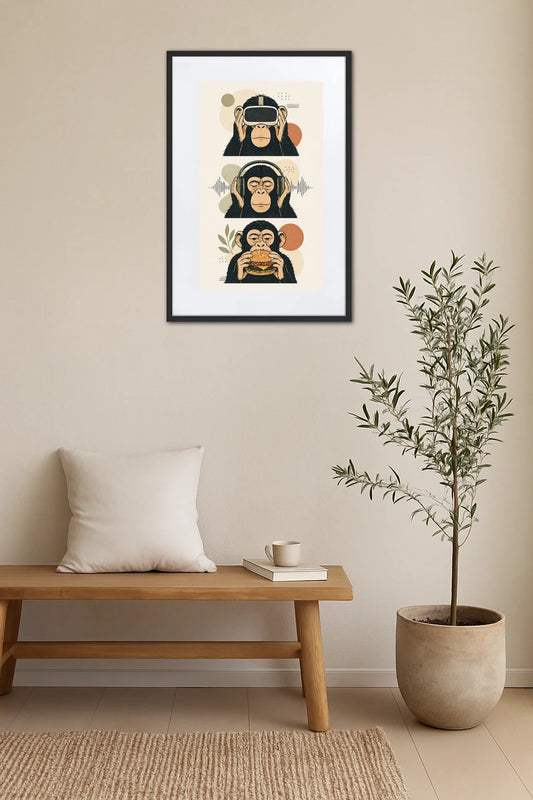 Tableau 3 singes dopamine style moderne avec casque et nourriture au-dessus d’un banc en bois avec plante