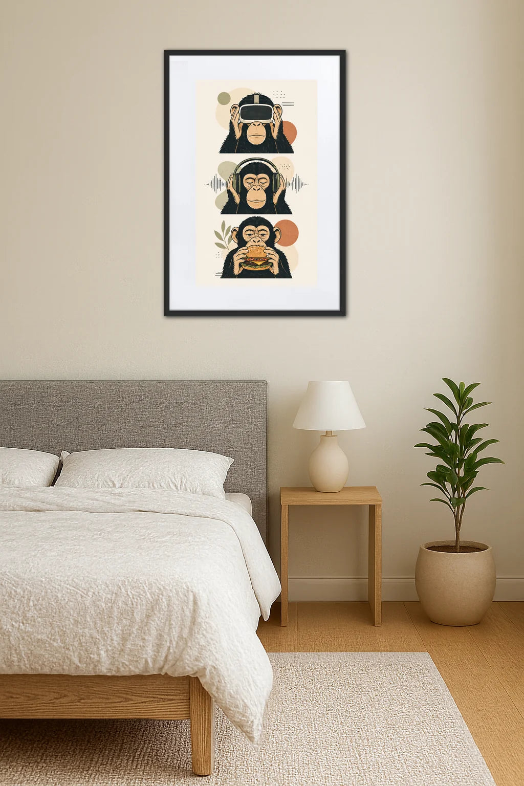 Tableau 3 singes dopamine design contemporain au-dessus d’un lit avec table de chevet dans une chambre minimaliste