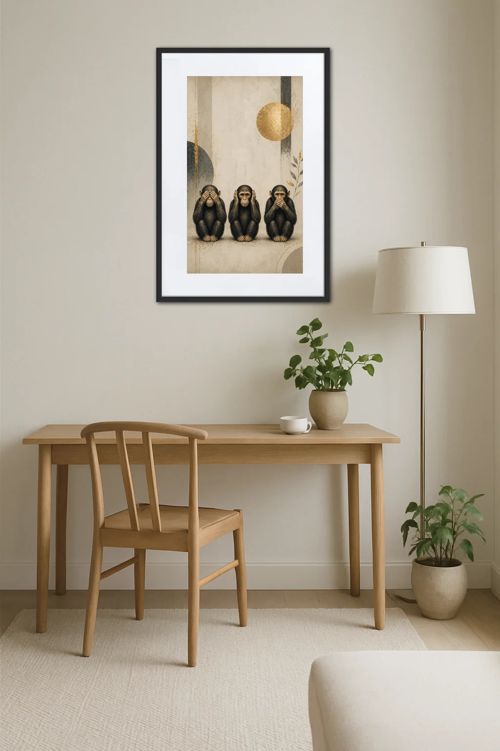 Tableau 3 singes de la sérénité style minimaliste au-dessus d’un bureau en bois avec chaise et décoration épurée
