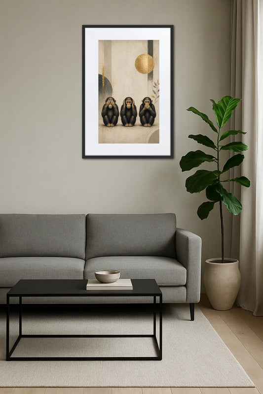 Tableau 3 singes de la sérénité design minimaliste au-dessus d’un canapé avec table basse dans un salon moderne