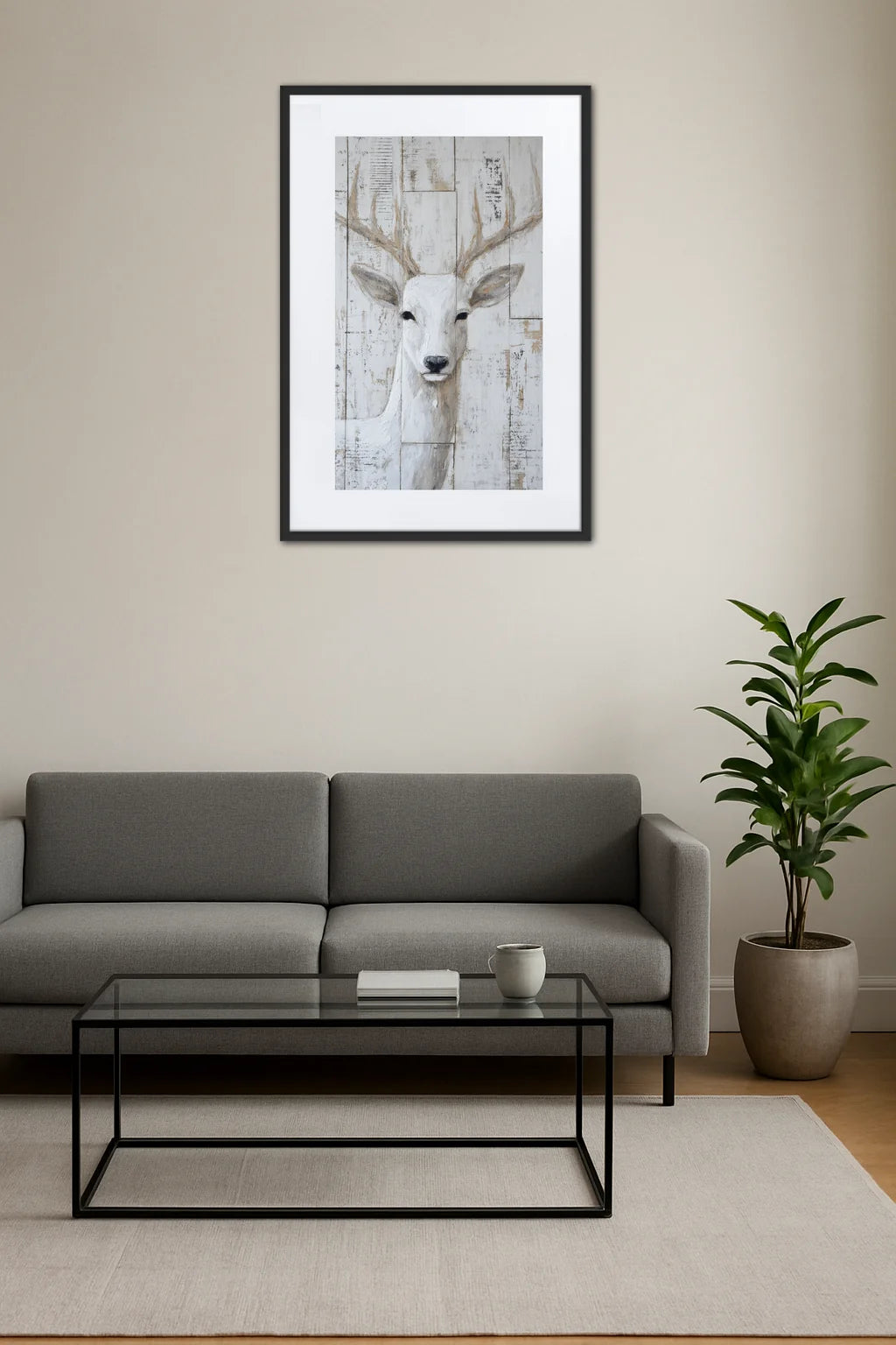 Tableau cerf blanc dans un salon moderne
