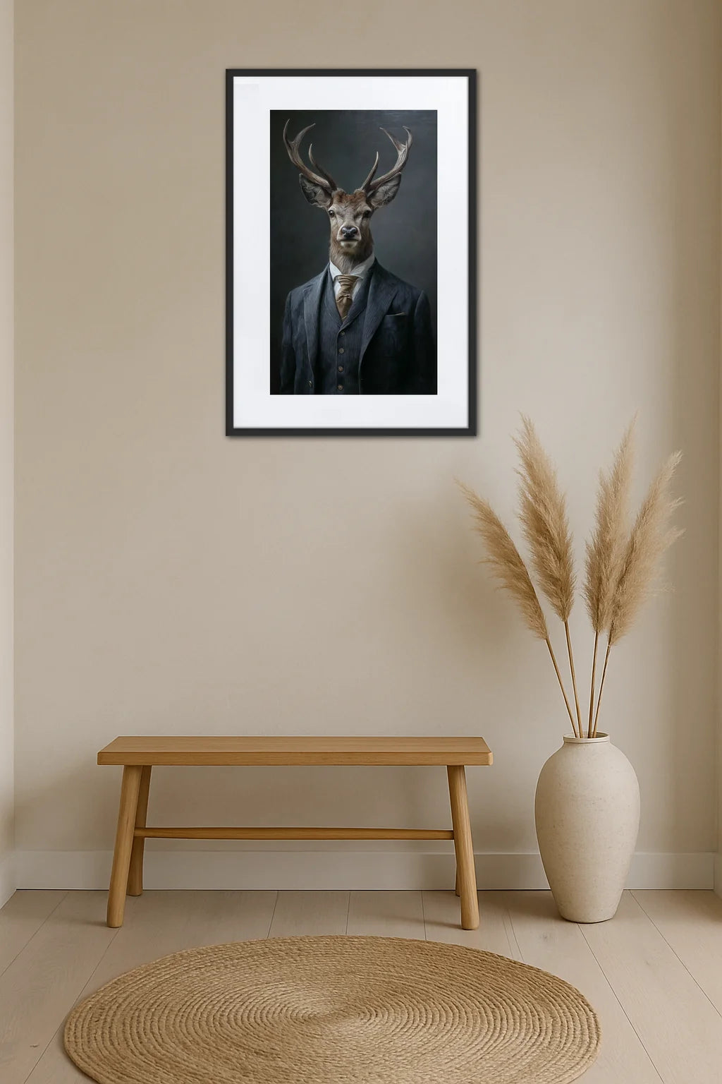 tableau cerf habillé en costume dans un intérieur minimaliste