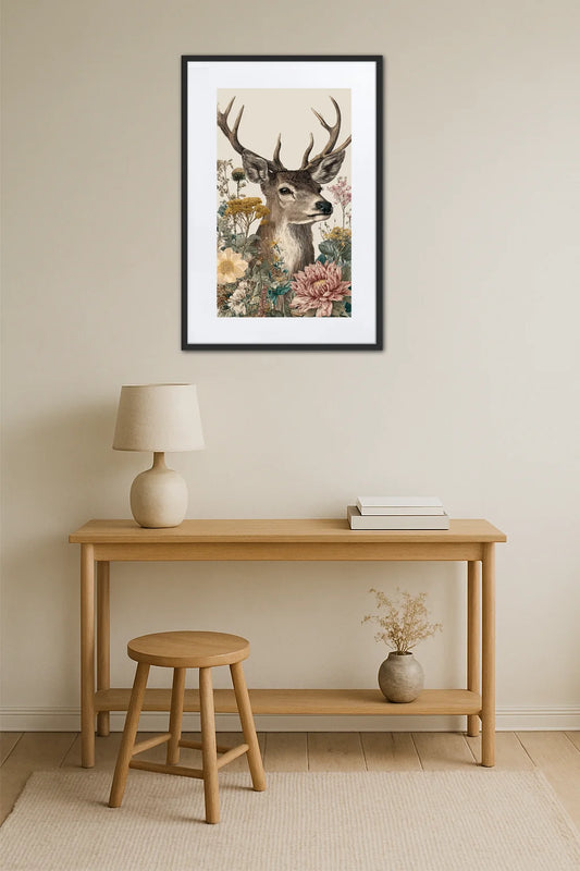 Tableau cerf avec fleurs dans une décoration beige minimaliste