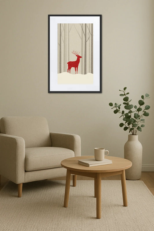 Tableau cerf Noël au-dessus d’un fauteuil beige