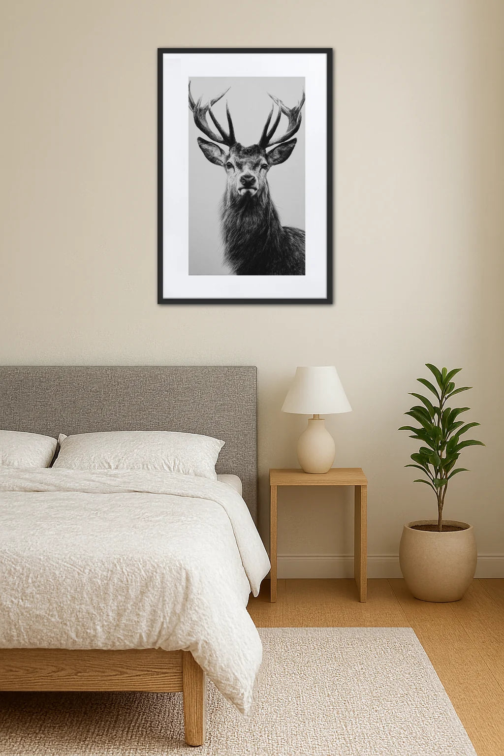 tableau cerf noir et blanc style dessin au crayon accroché dans une chambre minimaliste