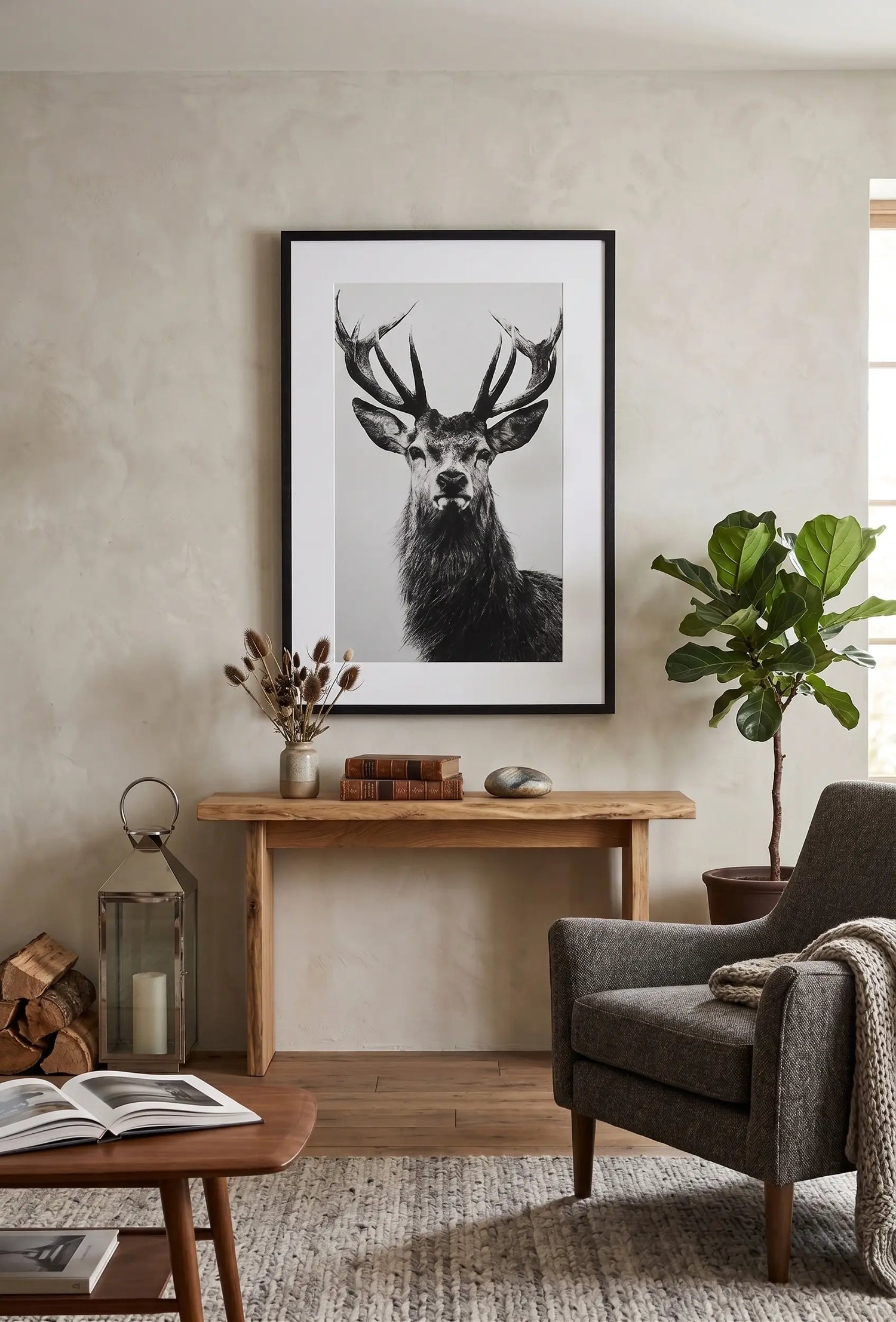 Tableau Cerf Noir et Blanc Crayon