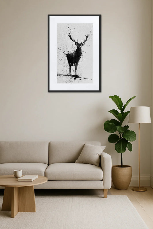 tableau cerf noir et blanc style encre de chine dans un salon avec canapé beige