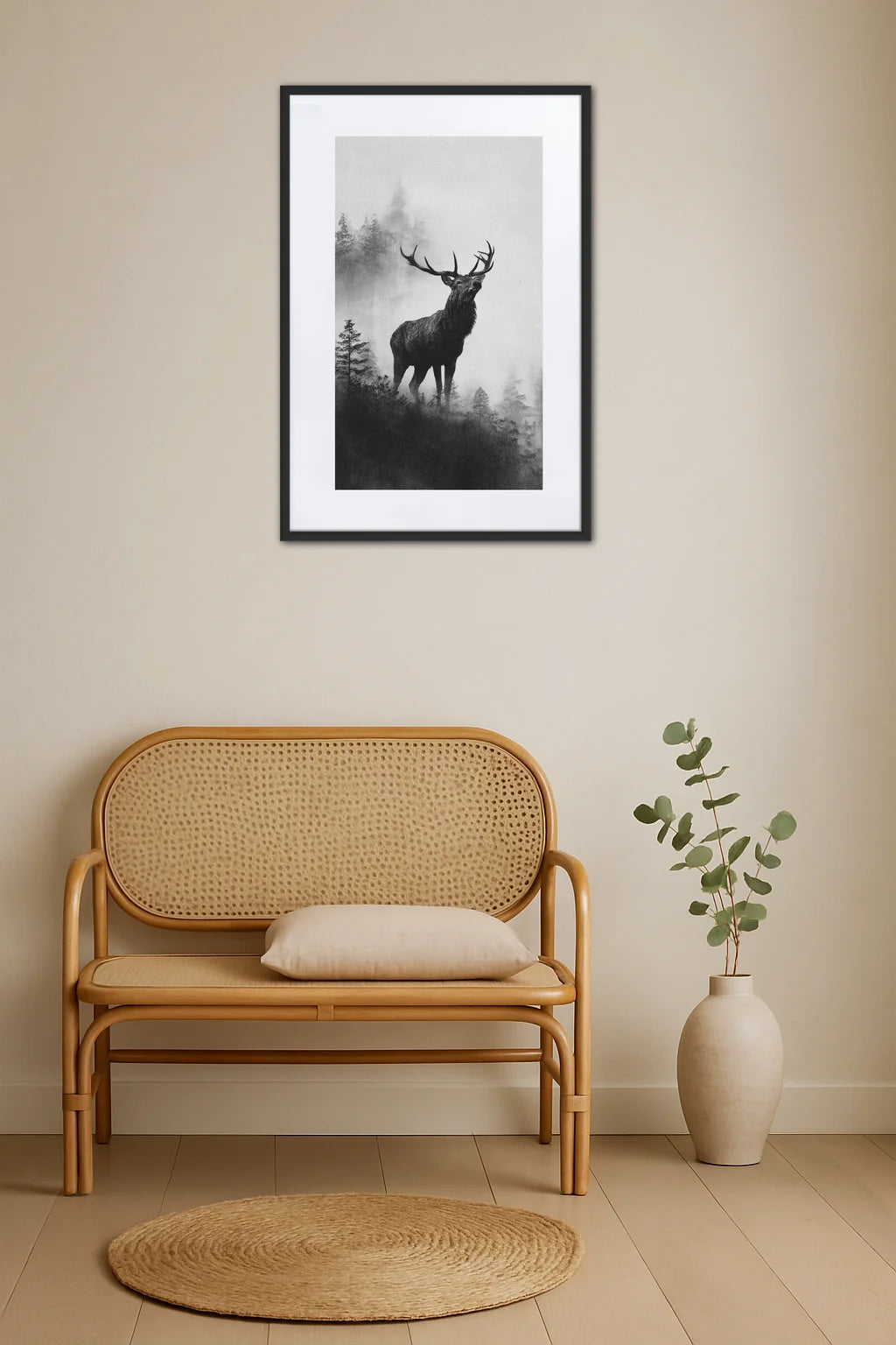 tableau cerf noir et blanc effet estampe dans une décoration avec banc en cannage
