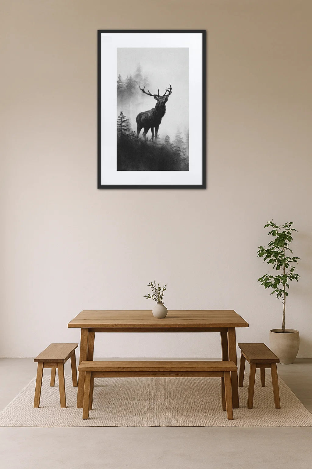tableau cerf noir et blanc style estampe au dessus dune table en bois avec bancs