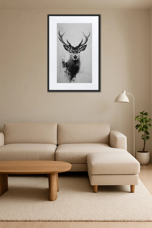 tableau cerf noir et blanc style fusain au dessus dun canapé dangle beige
