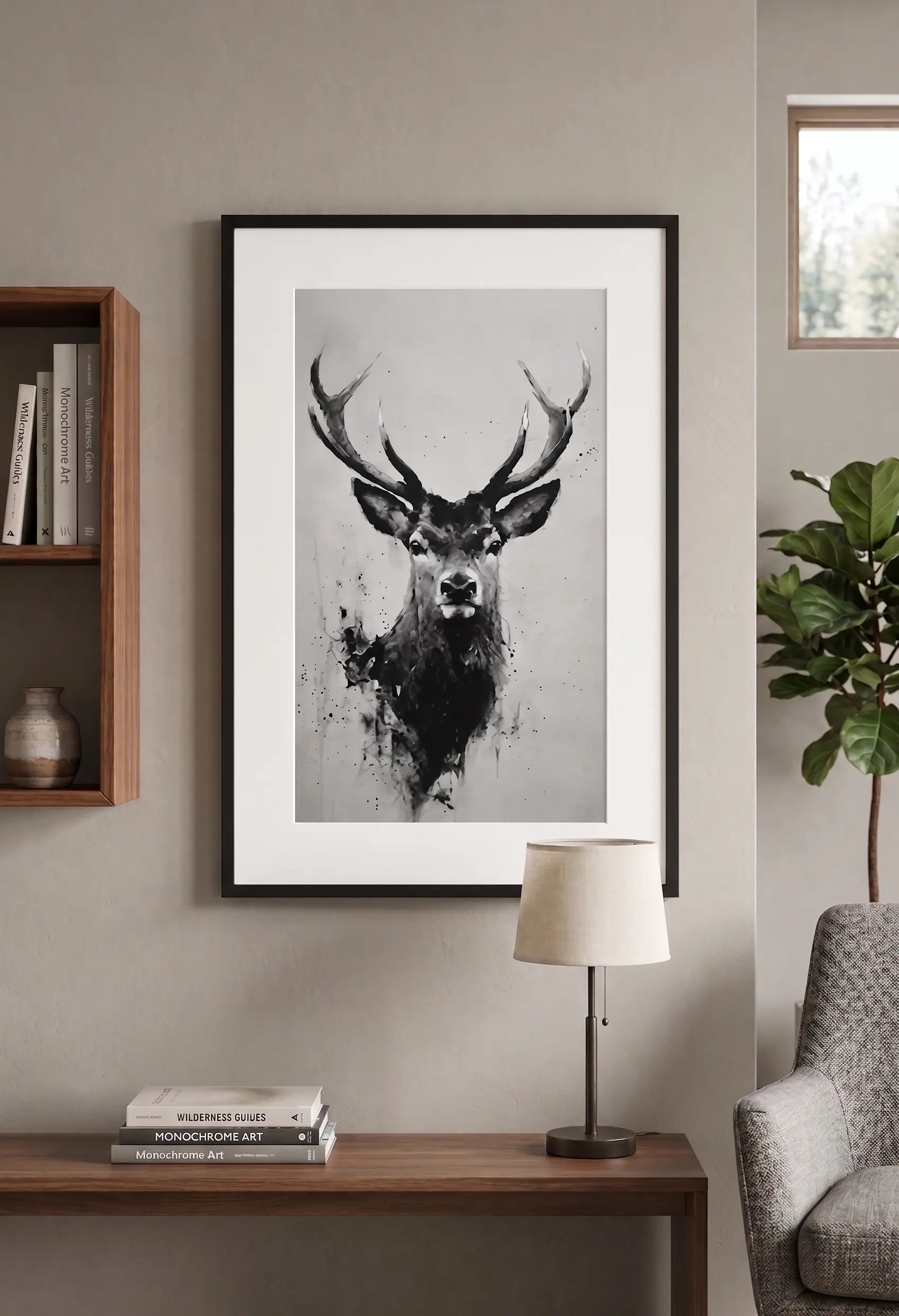 Tableau Cerf Noir et Blanc Fusain