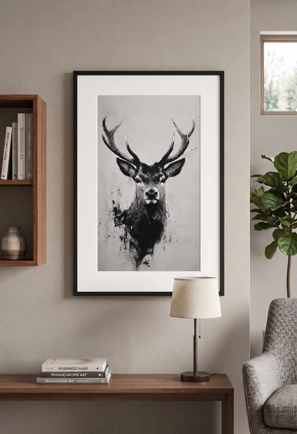Tableau Cerf Noir et Blanc Fusain