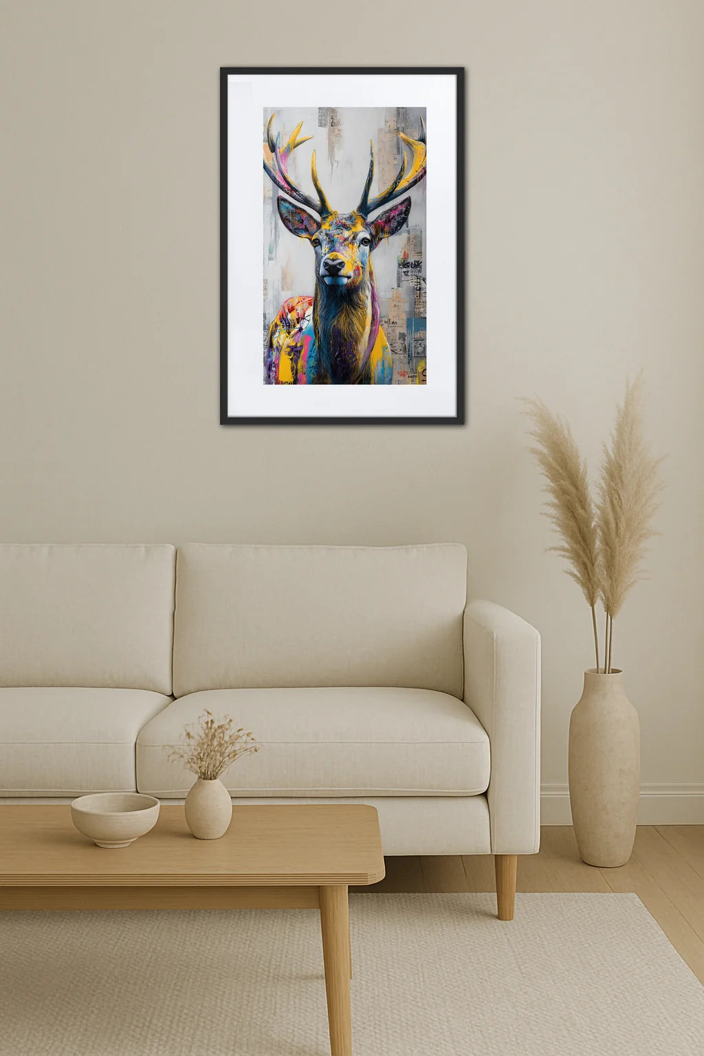 tableau cerf pop art graffiti coloré avec style street art moderne