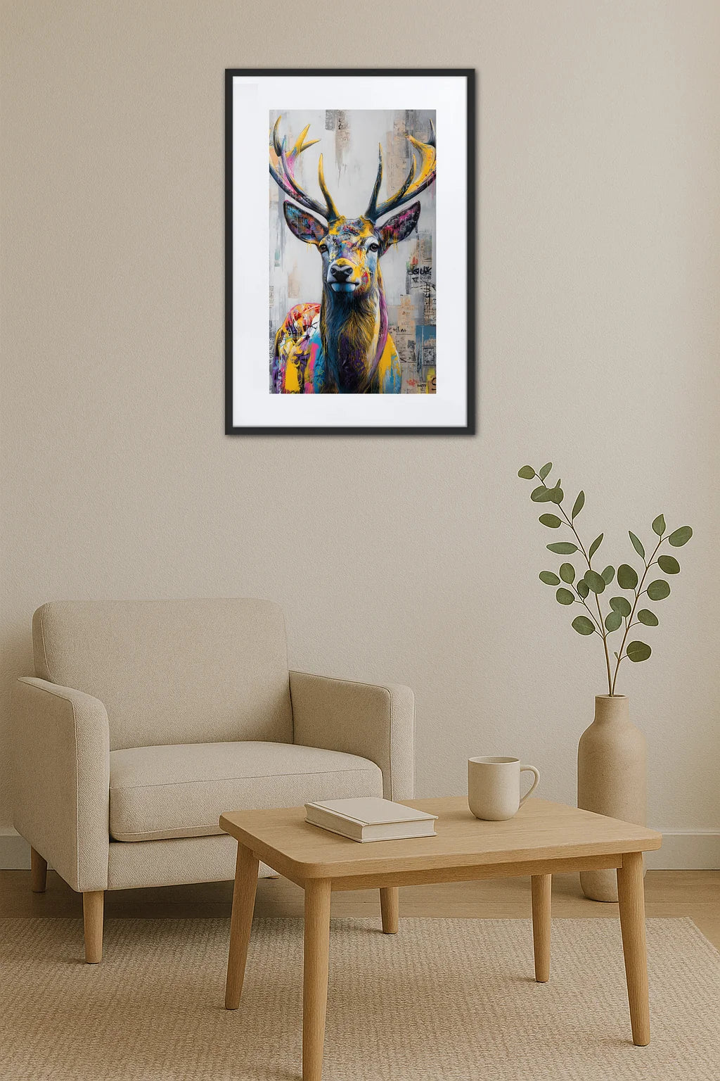 tableau cerf graffiti pop art multicolore dans un intérieur minimaliste