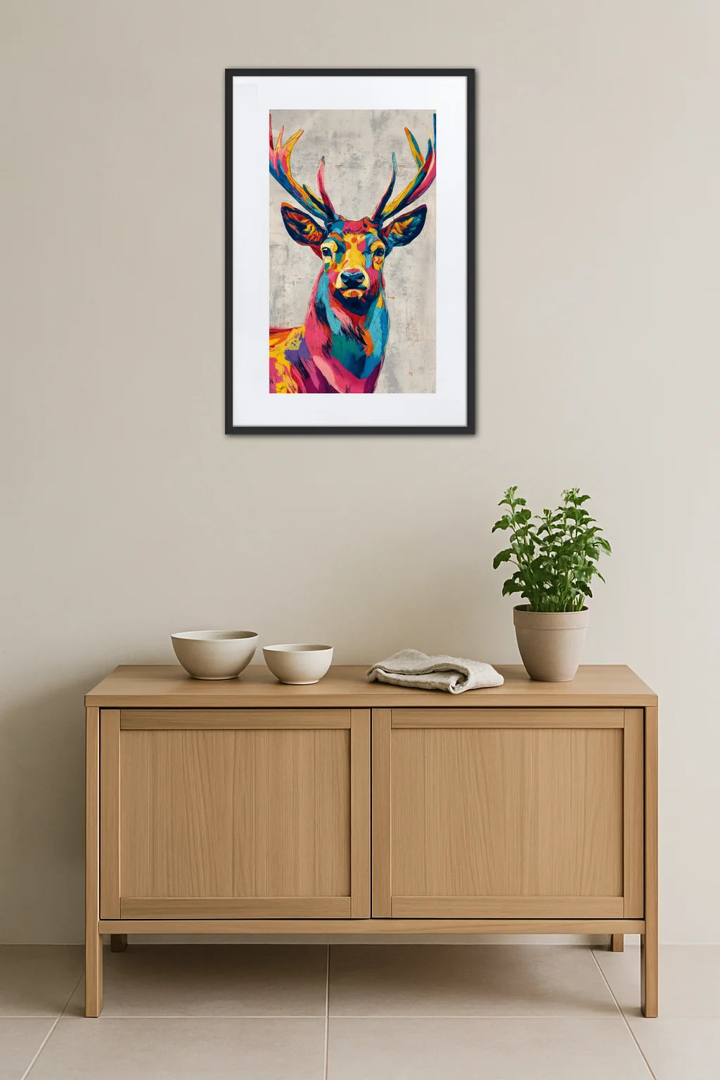 tableau cerf pop art multicolore avec portrait de cerf coloré