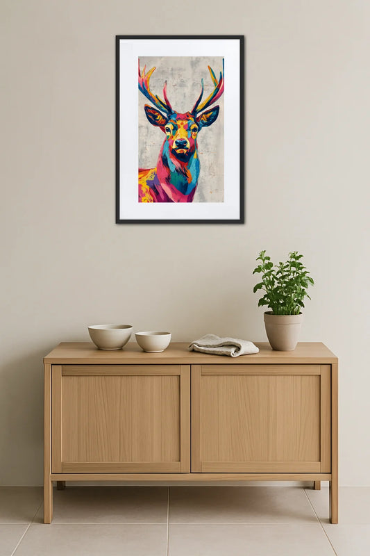 tableau cerf pop art multicolore avec portrait de cerf coloré